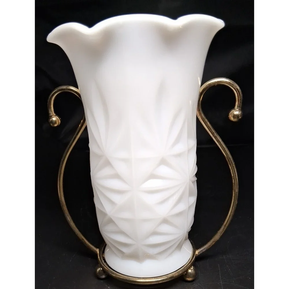 Vintage Hazel Atlas Milk Glass Vase with Metal Stand‎